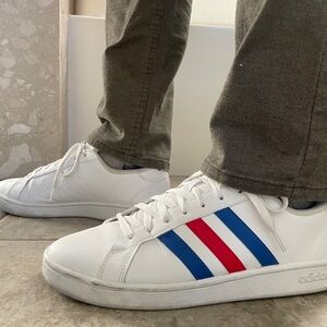 Adidas White Shoes with Red and Blue Accents